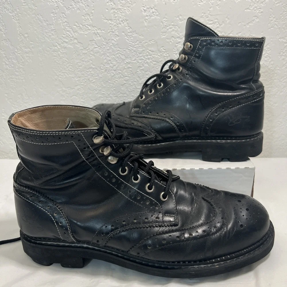 VTG Y2K 90s John Fluevog 7th Heaven Lace Up Black Boots Leather 10 Poland Moto